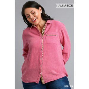 Umgee Plus Hot Pink Mineral Wash Animal Print Cotton Gauze Button Down S…
